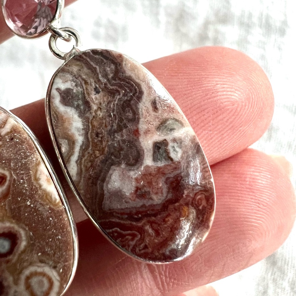 925 Playful Crazy Lace Agate + Morganite Earrings - Picture 3 of 6